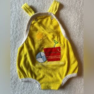 Vintage Yellow Baby Romper w Beach Toys Design and Sunshine. Size 12 months